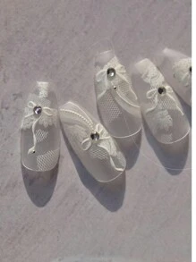 1张白色蕾丝蝴蝶结5D水晶钻石美甲贴纸美甲贴花设计美甲工具DIY美甲用品 - 白色 - 查看 8