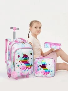 BLING BABIES 3 件套女孩滚轮背包金色和粉色可爱卡通独角兽设计书包小学生儿童带轮学校书包带午餐盒和笔袋 - 金色 - 查看 2