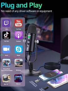 Aveek Mercase USB Condenser Microphone Full Metal Reverb Noise-Canceling Microphone For Podcasting, Streaming, Recording On Phone, Plug & Play, Quick Mute, Metal Stand With 360° Rotation - Black - View 3