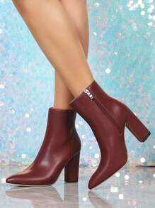 Women's Fashion New Short Boots, Classic Boots, Solid Color High-Quality Leather, Minimalist & Versatile For Commuting, Office, Outing, Party, Side Zipper, Super High Heel, Chunky Heel, Pointed Toe Short Boots, Motorcycle Boots - Burgundy - View 4