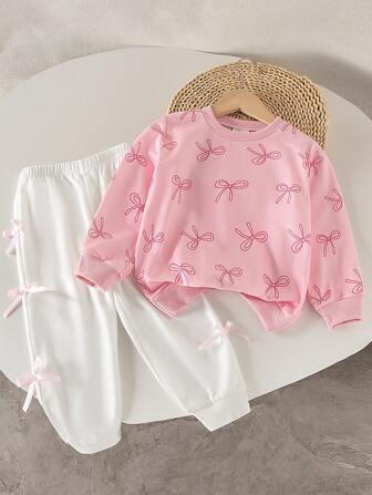 2 pezzi/set Completo per ragazze rosa con fiocco decorativo: felpa e pantaloni sportivi bianchi, casual e confortevole per le ragazze in primavera/autunno