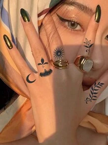 1 foaie de frunză, geometrice, design de artă a corpului uman, tatuaje temporare, rezistente la apă, realiste, reflectorizante, pe bază de plante, semi-permanente, durează 5-12 zile - Negru - Vizualizare 6