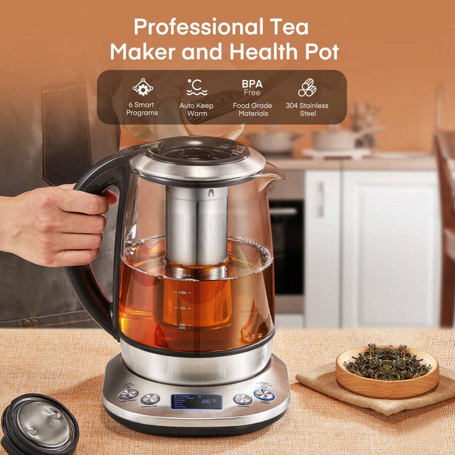 Smart Glass Tea Kettle, Variable Temperature Kettle, 2200W Tea Pot With 6 Temperature Control Presets, 2 Hours Keep Warm, 1.7 Liter Electric Kettles With Removable Tea Infuser - UK Plug(220-240V) - View 1