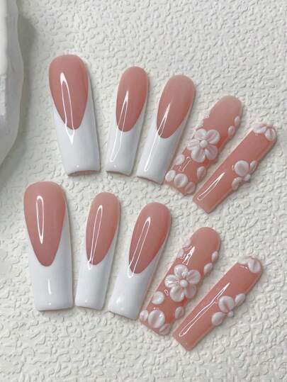10pcs Y2K White & Pink French Press On Nails, White Flower Long Square Artificial Nails, Reusable Handmade Nails, Suitable For Daily Wear, Best Gift For Women And Girls