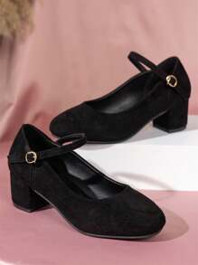 女士纯色优雅鞋，踝带扣低帮鞋，圆头连衣裙粗跟鞋 - 黑色 - 查看 6