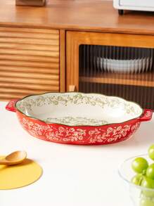 Assadeira oval de cerâmica com alça, design floral vintage vermelho, para cozinha, salada, grelhados, assados, sobremesas, pizza - pode ir ao forno e micro-ondas