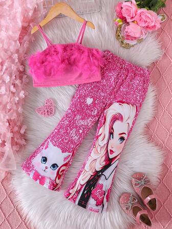 2pcs/Set Young Girls Feather Patchwork Camisole & Cat Print Pants, Fashion Summer Outfit