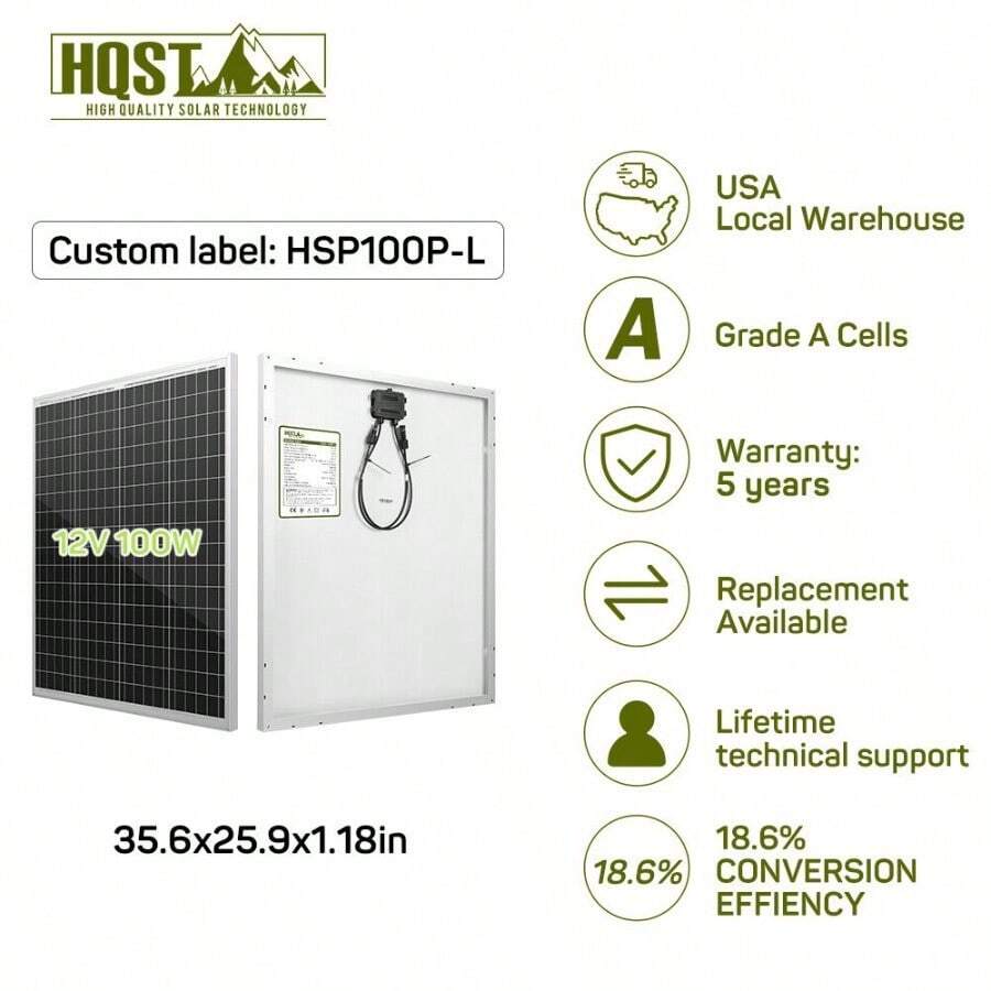 HQST 100W Watt 12V Volt Polycrystalline Solar Panel 100W For Off Grid RV Marine - Black - View 1