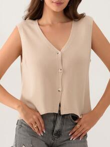 Women Basic Tank Tops Casual Summer Solid Color Button Front V-Neck Sleeveless Vest Aesthetic Clothes For Streetwear - Khaki - View 4