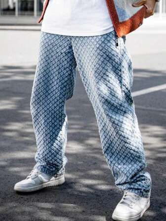 男士美式休闲直筒花卉印花牛仔裤