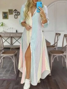Loose Shirt Dress With Buttons Front, Casual Solid Color Split Hem Dress In Spring And Autumn, Shirt Dresses For Women - 彩色 - 查看 1