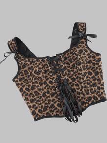 1 Pc Women's Corset-Style Leopard Print Tight Fitting Tank Top, Fashion Sexy Lacing Front Boned Shapewear Camisole Vest, Suitable For Party Or Daily Outfit