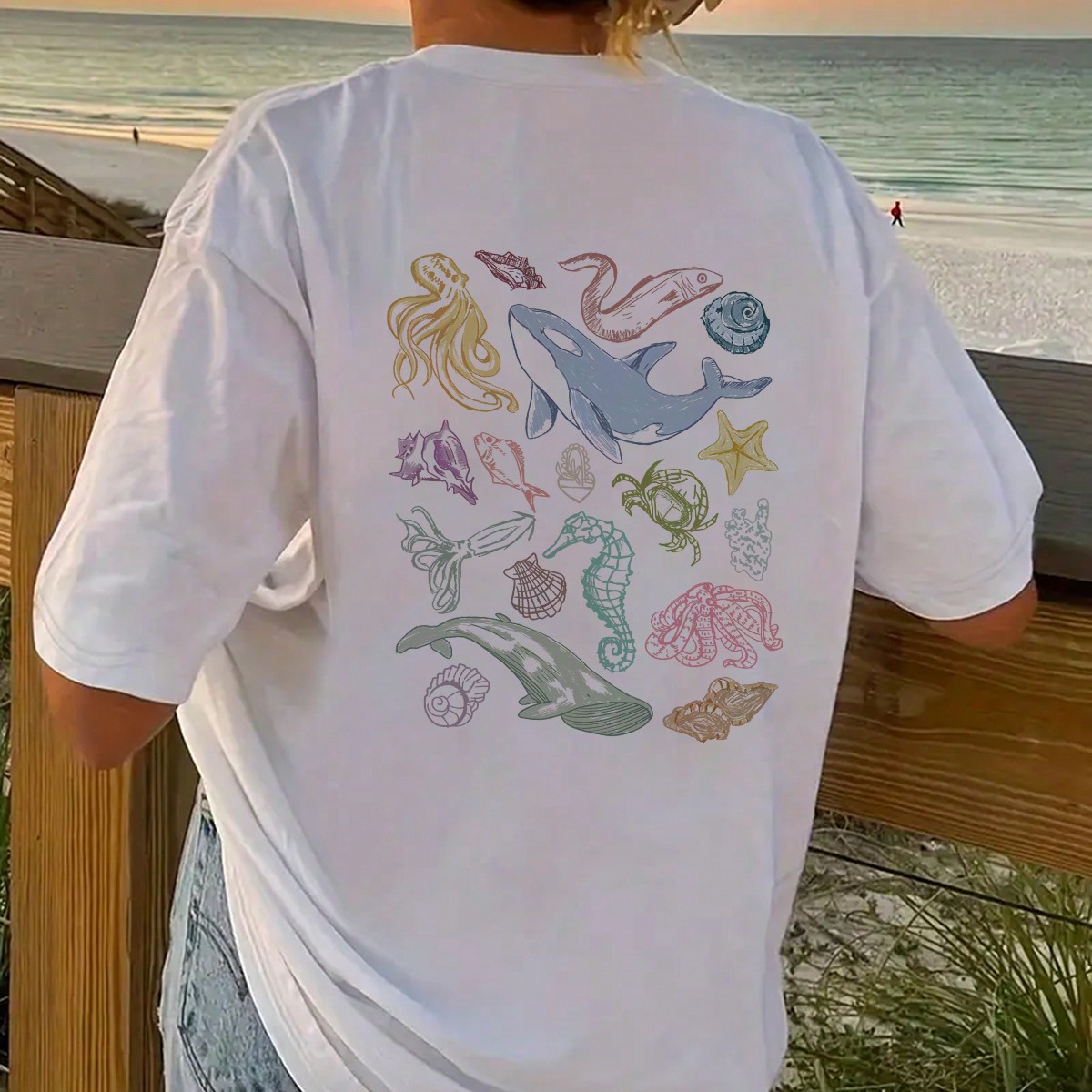 Camiseta de manga corta holgada con estampado de vida marina rica para adolescentes, adecuada para deportes al aire libre, uso diario, estilo callejer