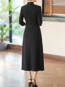 New Chinese Style Slim Cheongsam Dress Women Stand Collar 3/4 Sleeve Waist Tie Modern Qipao Spring Fall Winter Elegant Dinner Party Cultural Fusion - Black - View 2