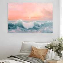 1pc Framed Canvas Poster, Pastel Waves Retro Pink Seascape Sunset Wall Art Canvas Paintings, Ideal Gift For Bedroom Living Room Corridor, Wall Art, Room Decoration - 彩色 - 查看 5