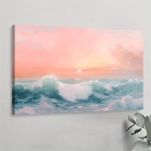 1pc Framed Canvas Poster, Pastel Waves Retro Pink Seascape Sunset Wall Art Canvas Paintings, Ideal Gift For Bedroom Living Room Corridor, Wall Art, Room Decoration - 彩色 - 查看 1