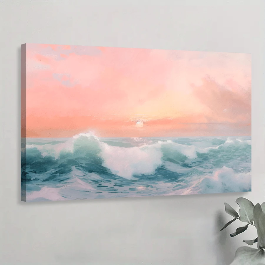 1pc Framed Canvas Poster, Pastel Waves Retro Pink Seascape Sunset Wall Art Canvas Paintings, Ideal Gift For Bedroom Living Room Corridor, Wall Art, Room Decoration - 彩色 - 查看 1
