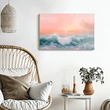 1pc Framed Canvas Poster, Pastel Waves Retro Pink Seascape Sunset Wall Art Canvas Paintings, Ideal Gift For Bedroom Living Room Corridor, Wall Art, Room Decoration - 彩色 - 查看 3