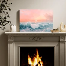 1pc Framed Canvas Poster, Pastel Waves Retro Pink Seascape Sunset Wall Art Canvas Paintings, Ideal Gift For Bedroom Living Room Corridor, Wall Art, Room Decoration - 彩色 - 查看 2