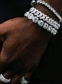 21 厘米嘻哈风格方晶锆石手链套装，包括圆形、方形、心形、菱形、椭圆形，可定制男士手链 - 彩色 - 查看 2