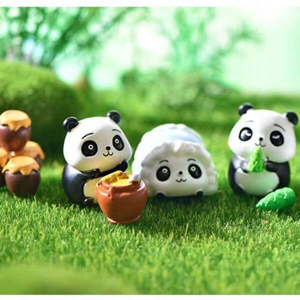 Vaso decorativo a forma di panda carino, ornamento in resina con erba sintetica per paesaggi realistici, decorazione per minigiardini, accessorio fai-da-te per giardinaggio, panda che mangia bambù