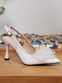 Zapatos de tacón alto con puntera puntiaguda, estilo zuecos, con estampado floral y lazo de perlas para mujer. Zapatos de boda blancos para novias