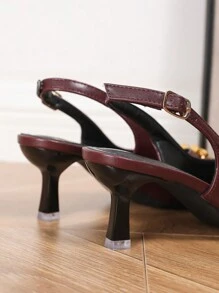 Women's Pointed Toe High Heel Pumps, Elegant Commuter Shoes With Bow & Multi-Strap Buckle Decor, Suitable For Daily Wear And Going Out - Burgundy - View 7