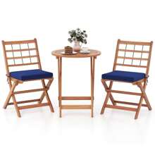Lifezeal 3 PCS Acacia Wood Patio Bistro Set Folding Outdoor Table And Chairs With Cushions White/Navy/Grey
