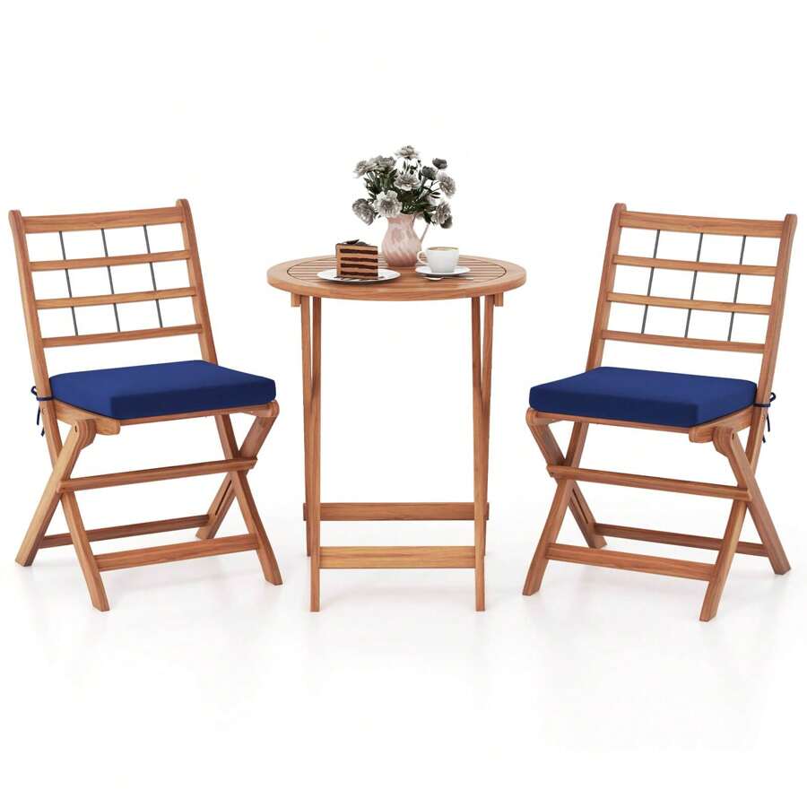 Lifezeal 3 PCS Acacia Wood Patio Bistro Set Folding Outdoor Table And Chairs With Cushions White/Navy/Grey