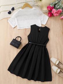 2pcs/Set Girls Summer Outfit, Casual Polyester Knit Mesh Top, Short Sleeve Round Neck, And Matching Black Belt Dress, Slight Stretch, Suitable For 8-12 Years Old Children, Fashionable Summer Clothing For Girls - Perfect Casual Outdoor Wear