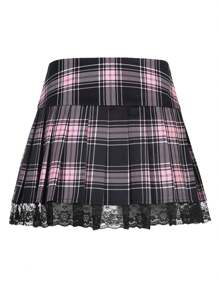 Women Gothic Lace Trim Pleated Mini Skirt Punk High Waist A Line Retro Skirt For Casual Party Cosplay - 彩色 - 查看 2