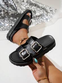 女士夏季露趾厚底舒适简约系带凉鞋 - 黑色 - 查看 6