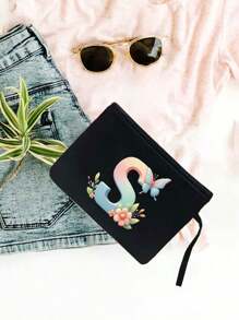 Color Gradient Butterfly Flower Letter A-Z Pattern Tote And Cosmetic Bag Set, Casual Style, Fabric Structure - Black - View 38