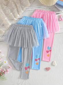 Set de 3 piezas con falda de malla con contraste de estampado de corazón y leggings para niña, adecuado para uso en exteriores, fiestas, banquetes, primavera/verano