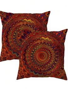 2 Stücke Neu Eingetroffene Beliebte Rote Mandala Muster Serie Polyester Kurzflor Kissenbezug/Kissenhülle