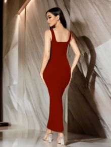 Women's Square Neck Fitted Long Dress - Red Violet - View 3