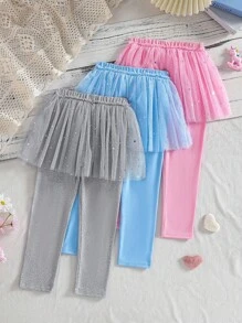 Set de 3 piezas con falda de malla con contraste de estampado de corazón y leggings para niña, adecuado para uso en exteriores, fiestas, banquetes, primavera/verano