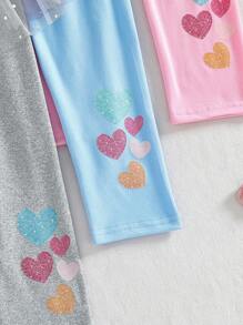 Set de 3 piezas con falda de malla con contraste de estampado de corazón y leggings para niña, adecuado para uso en exteriores, fiestas, banquetes, primavera/verano