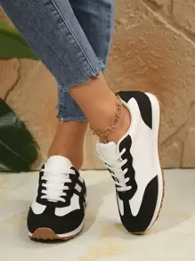 女士厚底休闲运动鞋，新款秋季拼接系带厚底休闲运动鞋，轻便户外运动款学生鞋 - 黑色 - 查看 2