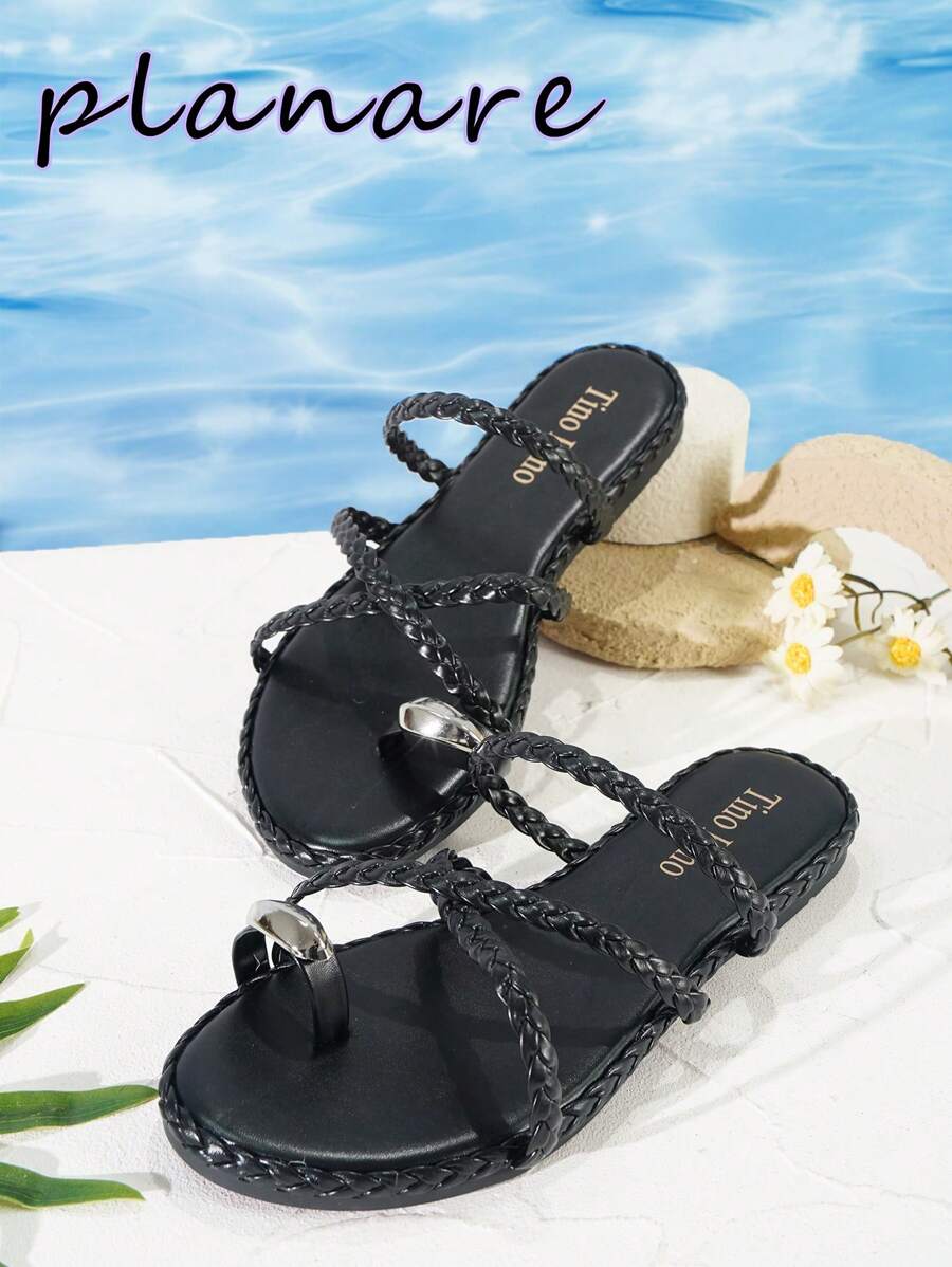 planare Women's Shoes Black Braided Flat Sandals, Gladiator Thong Round Open Toe Vintage Slides Sandals, Slip-On Roman Sandals, Crisscross Strappy Comfortable Beach Shoes Casual Walking Shoes Boho Casual Sandals Easy Wear Dress Shoes Comfortable