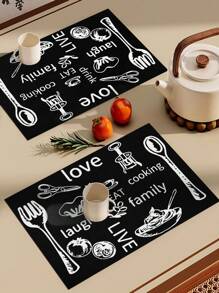 1pc PVC Place Mat, Modernist Food & Letter Graphic Waterproof Oil-proof Table Mat For Dining Table - Black and White - View 4