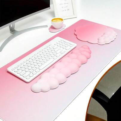 4pcs/Set Cloud Design Mouse Pad Kit, 35.4x15.7 Inch Large Desk Mat, Keyboard Wrist Rest Pad, Mouse Pad, Cup Coaster, Soft Lycra Material, Pink