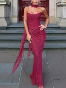 女士三件套：性感抹胸上衣、紧身铅笔裙和围巾、优雅节日派对套装、合身