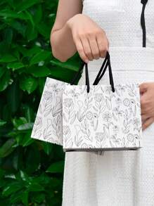 1 套 2/5 件灰色方形白卡纸花卉线条画图案礼品手提袋，纸质包装袋 - 彩色 - 查看 2