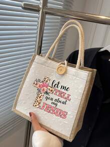 1PC Print Theme Tote Bag, Simple And Elegant, Convenient Travel Storage Bag,Christian Themed Tote Bag , Large Capacity Travel Handbag, Multi-Functional Flower Lettering Printed Bags,Linen Handbags,For Personal Travel Cosmetics, Shopping Bags, Large-Capacity Storage Bag