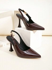 Wide Fit Glossy Coffee Brown Buckle Decor Backstrap Pointed Toe Hollow Stiletto Heeled Pumps, Suitable For Casual, Banquet, Party Wear - Coffee Brown, Plus Size - Coffee Brown - View 2