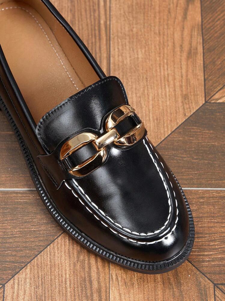Women's Round Toe Thick Sole Loafers, Metal Buckle Slip-On Flat Shoes, Black, Spring/Autumn - Black - View 5