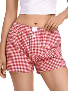 OUTBALL Women's Plaid Cute Pajama Shorts Elastic Banded Boxer Shorts Sleep Bottom Casual Shorts - 紅色 - 查看 1