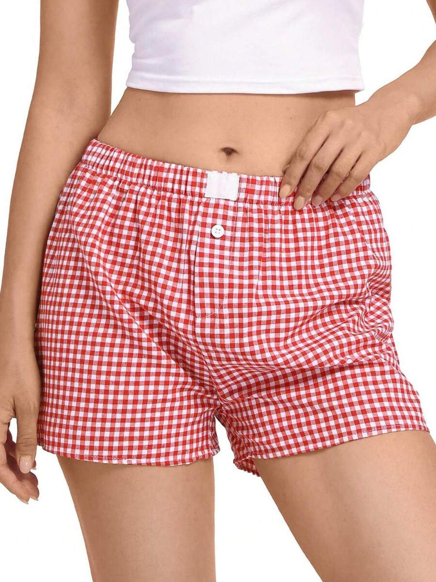 OUTBALL Women's Plaid Cute Pajama Shorts Elastic Banded Boxer Shorts Sleep Bottom Casual Shorts - 紅色 - 查看 1