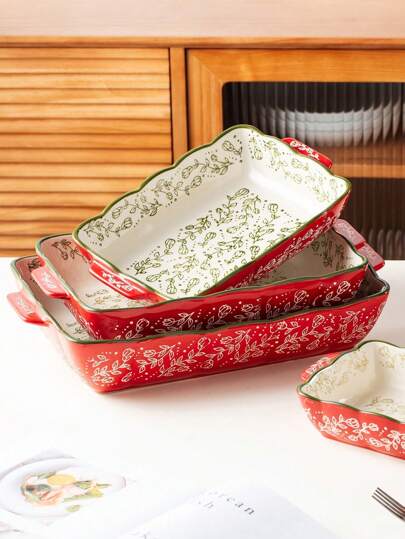 صينية خبز سيراميك مزخرفة بالزهور الحمراء القديمة مرسومة باليد مع مقبض، أواني طهي مربعة للمطبخ، مناسبة للسلطة والشواء والدجاج المشوي والحلويات والبيتزا، صديقة للفرن والميكروويف